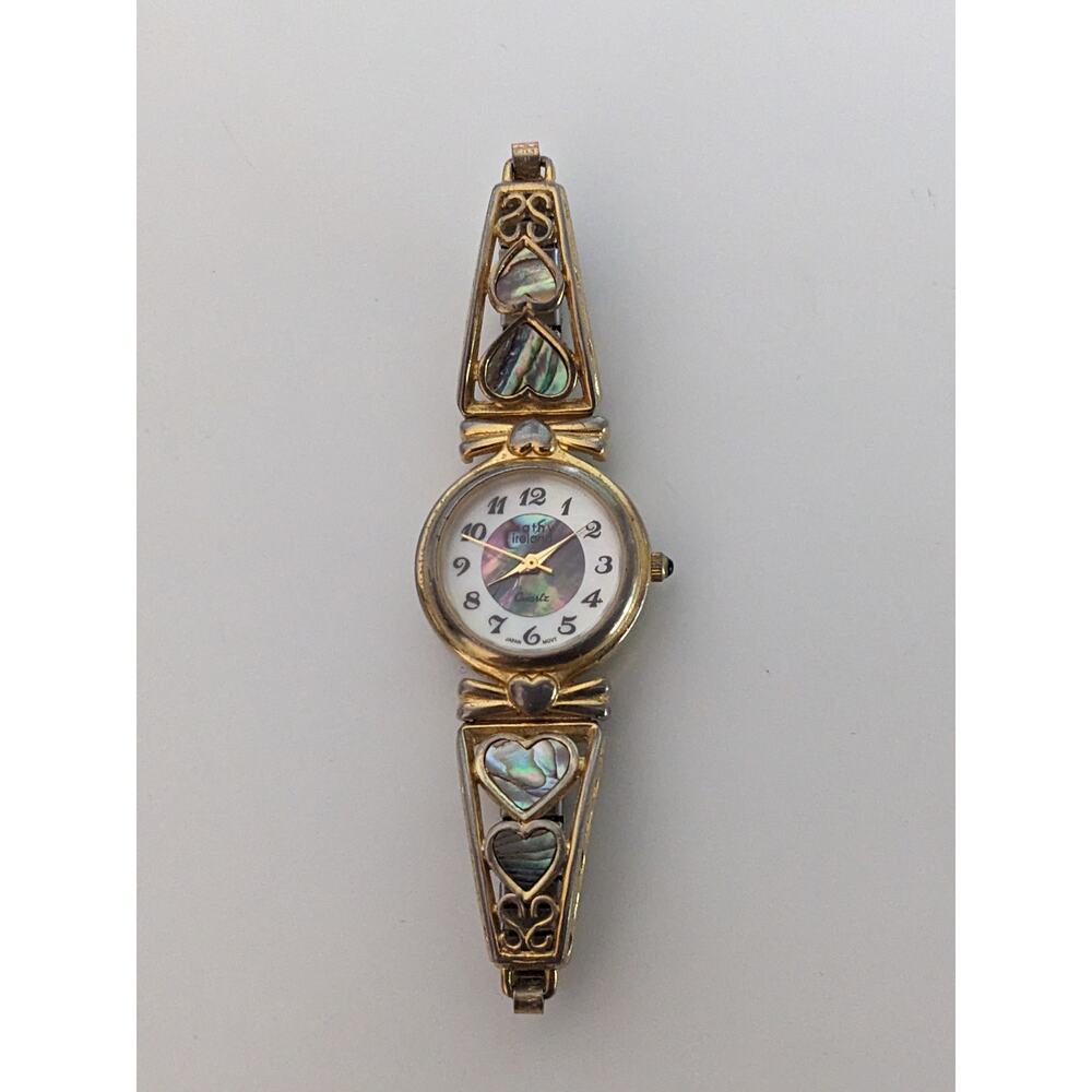 Vintage Kathy Ireland Abalone Hearts Gold Tone Stretch Band Watch Working